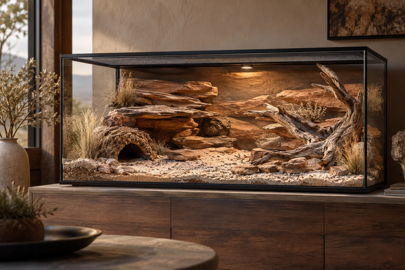 Original dry reptile terrarium concept with sandstone ledges, cork bark and sparse planting