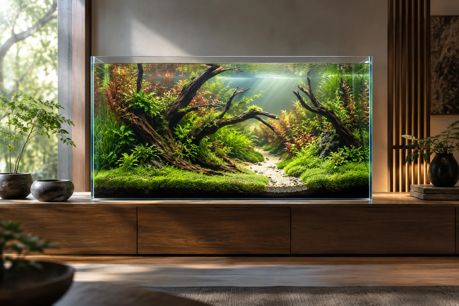 Original concept of a planted aquarium with dense foliage, driftwood and a winding sand path