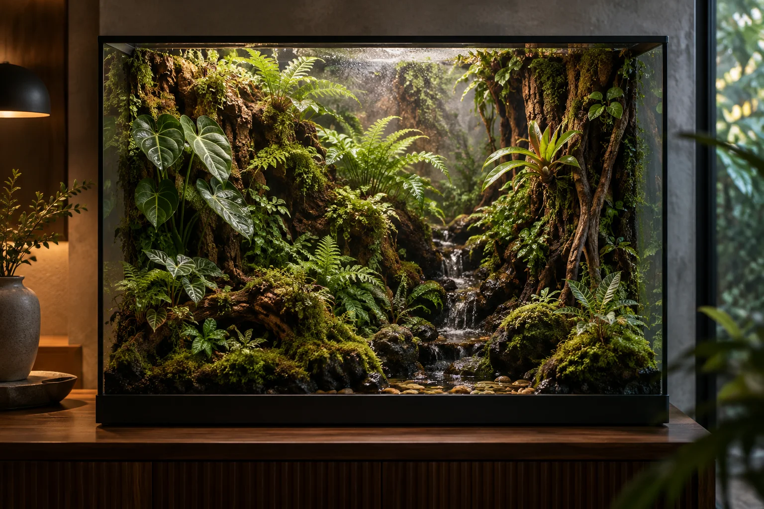 Original concept of a lush rainforest vivarium with moss, ferns and climbing roots