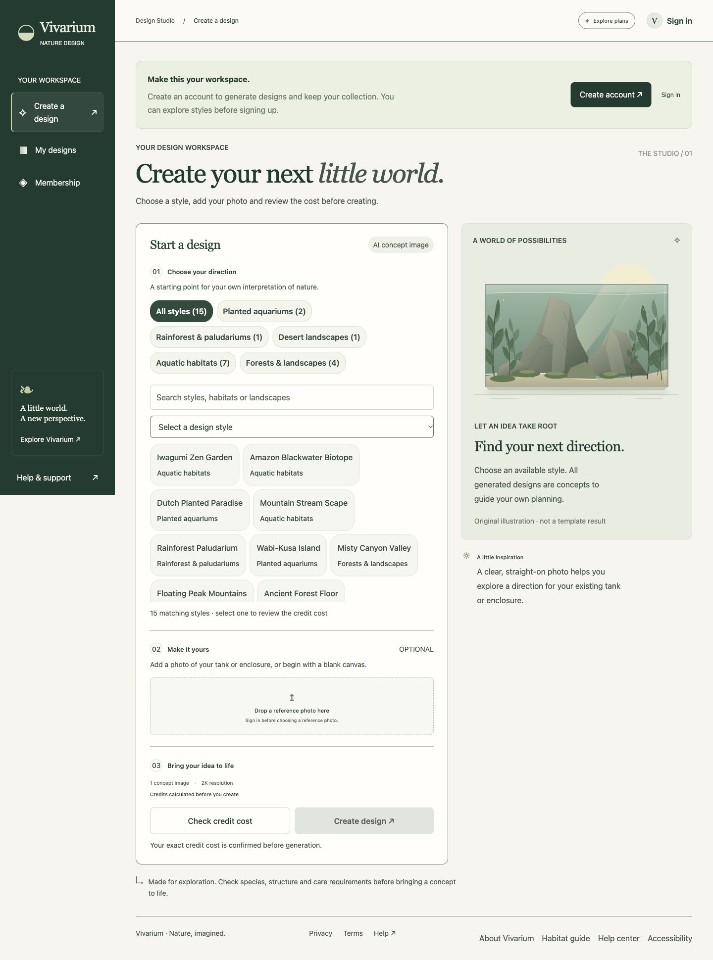 The Vivarium web studio: style selection, optional reference upload and credit review